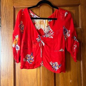 Free People Red Floral Tie-Front Blouse